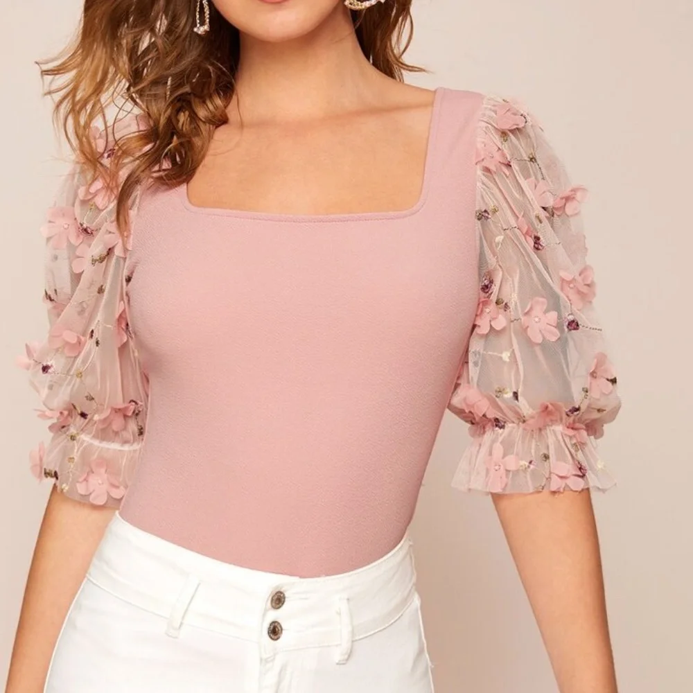 021 boho pink floral detail sheer Puff sleeve ruffle top - Picture 1 of 4